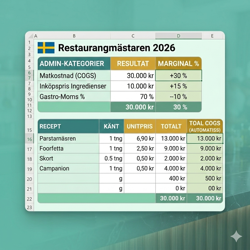 Restaurangmästaren 2026 – Professionell Admin & Marginalkalkylator (Excel)