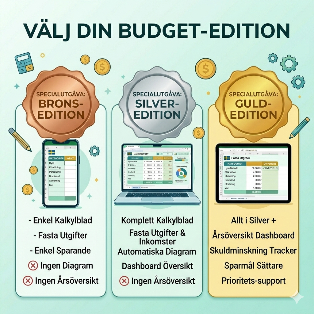 Svenska Budgetmästaren 2026 – Excel Budgetplanerare (Brons, Silver & Guld Edition)